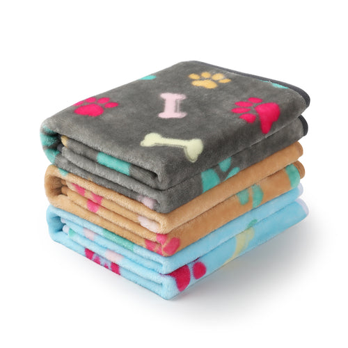 Flannel Bone Paw Printed Pet Blankets | 1 Pack 3 Blankets Grey/Brown/Blue