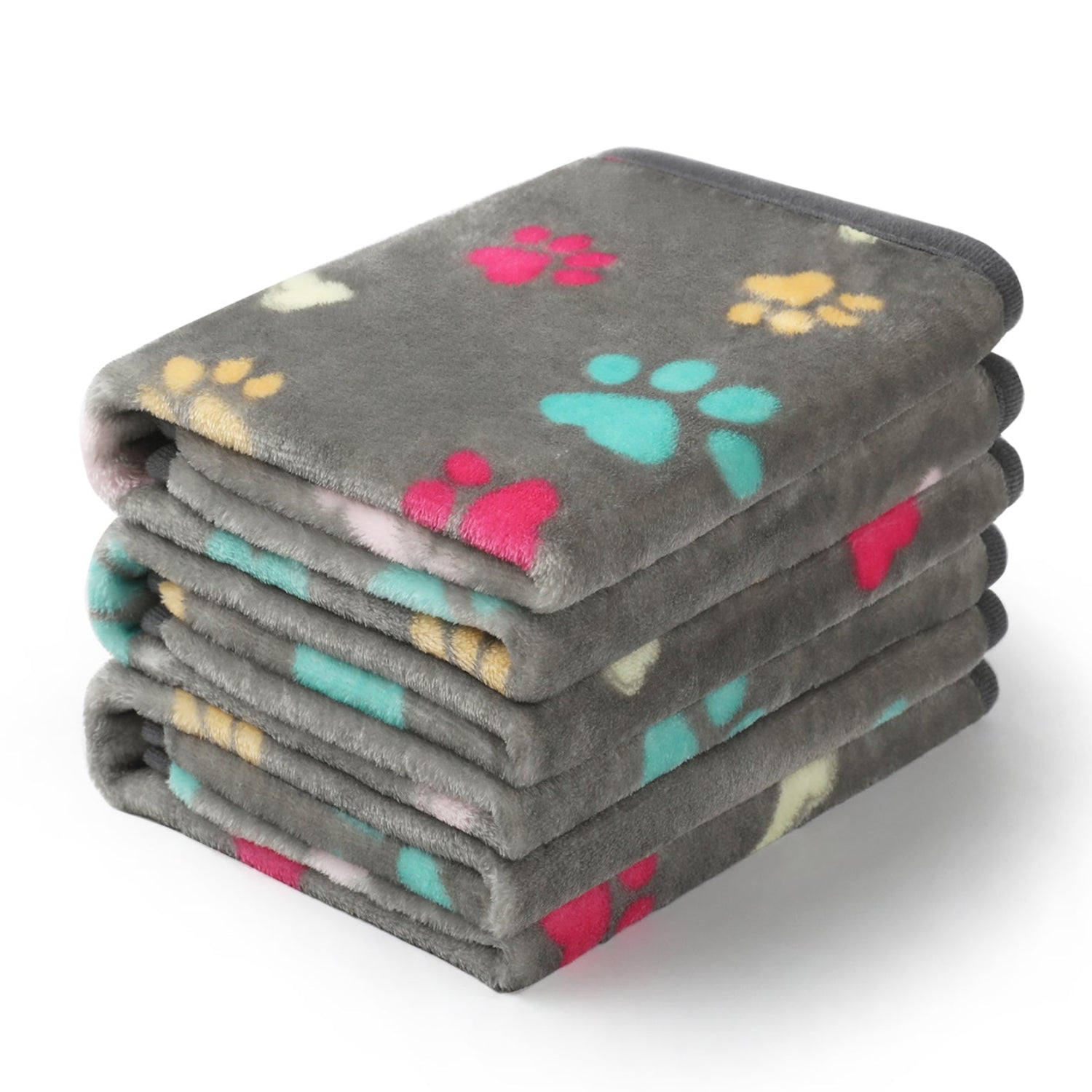 Stack of gray pet blankets with colorful paw prints on a white background