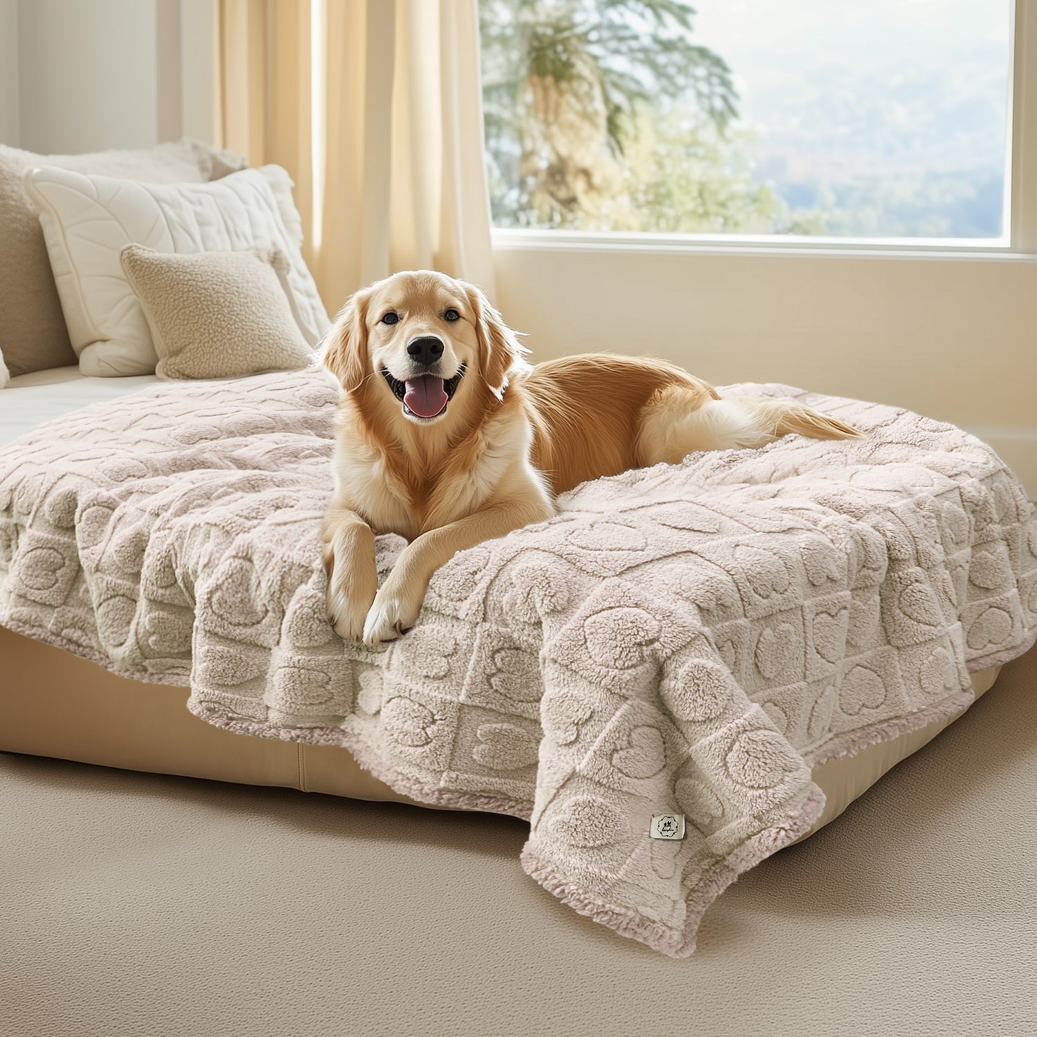 Heart Jacquard Waterproof Pet Blanket Beige