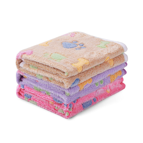 Flannel Bone Paw Printed Pet Blankets | 1 Pack 3 Blankets Pink/Brown/Purple