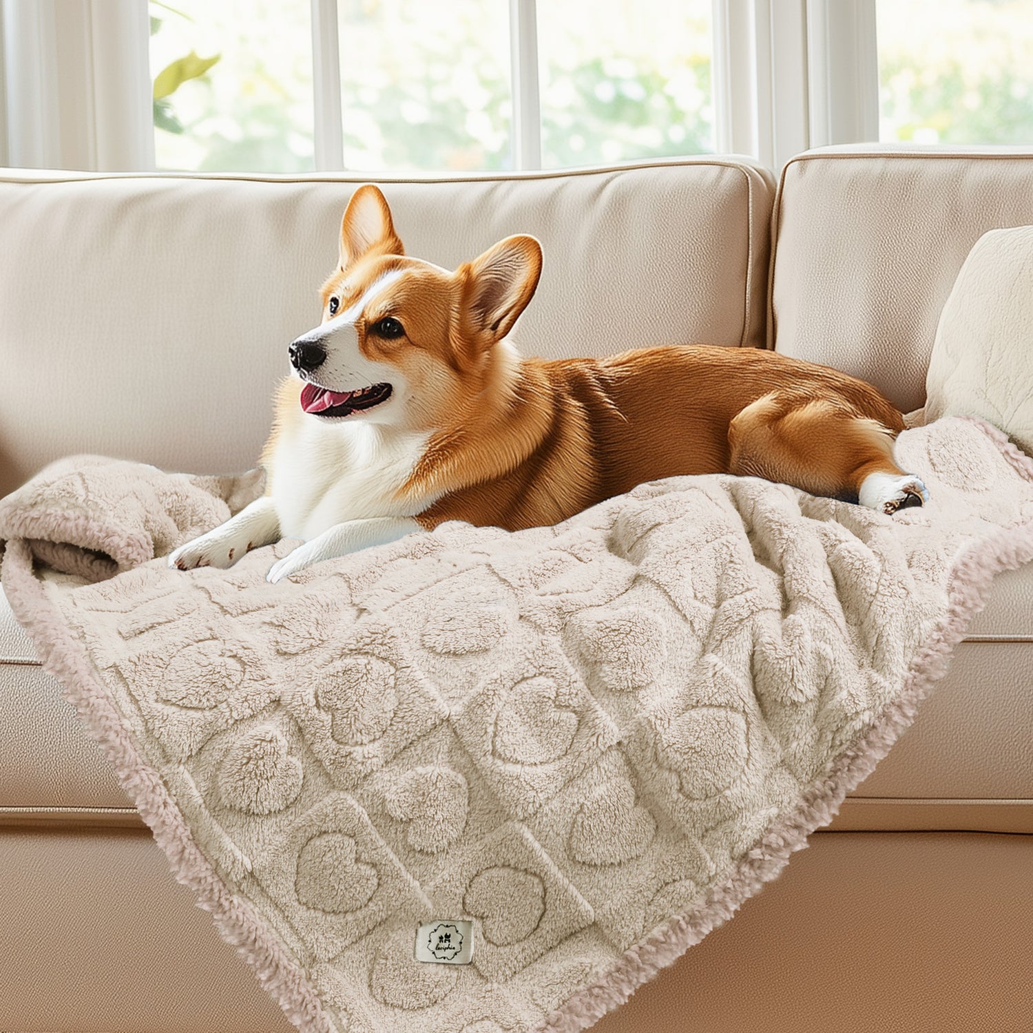 Heart Jacquard Waterproof Pet Blanket Beige