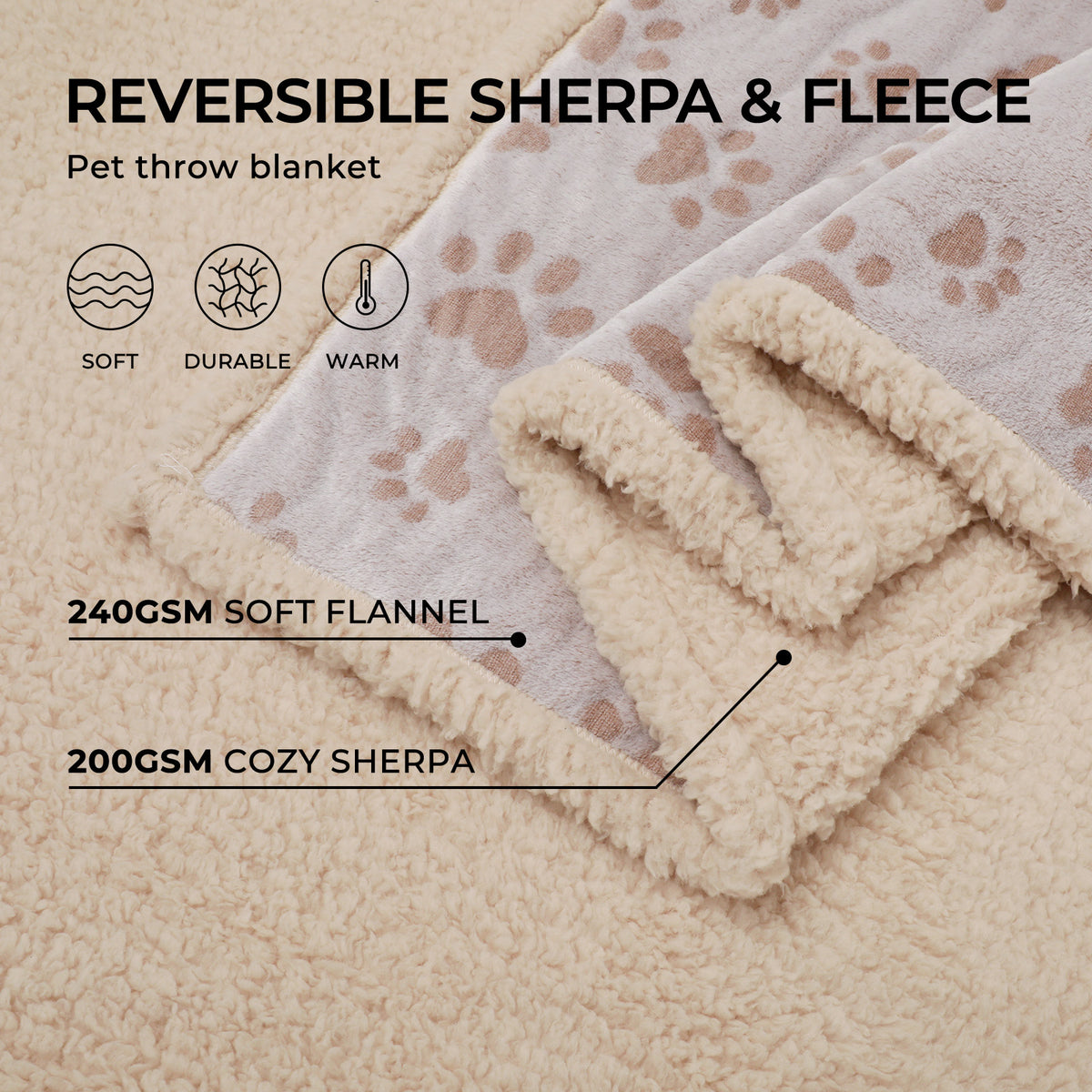 Waterproof Dog & Cat Blanket Heart Paw Khaki
