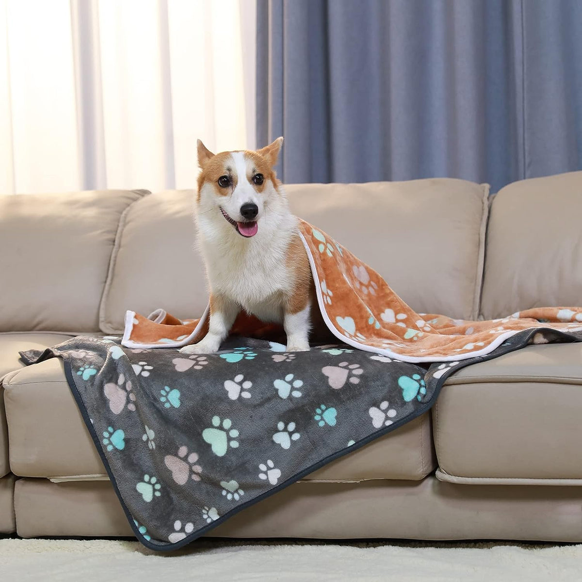 Luciphia 1 Pack 3 Blankets Fluffy Premium Fleece Pet Blanket Flannel Paw Printed Throw for Dog Cat(Small 23x16'', Grey/Brown/Blue)