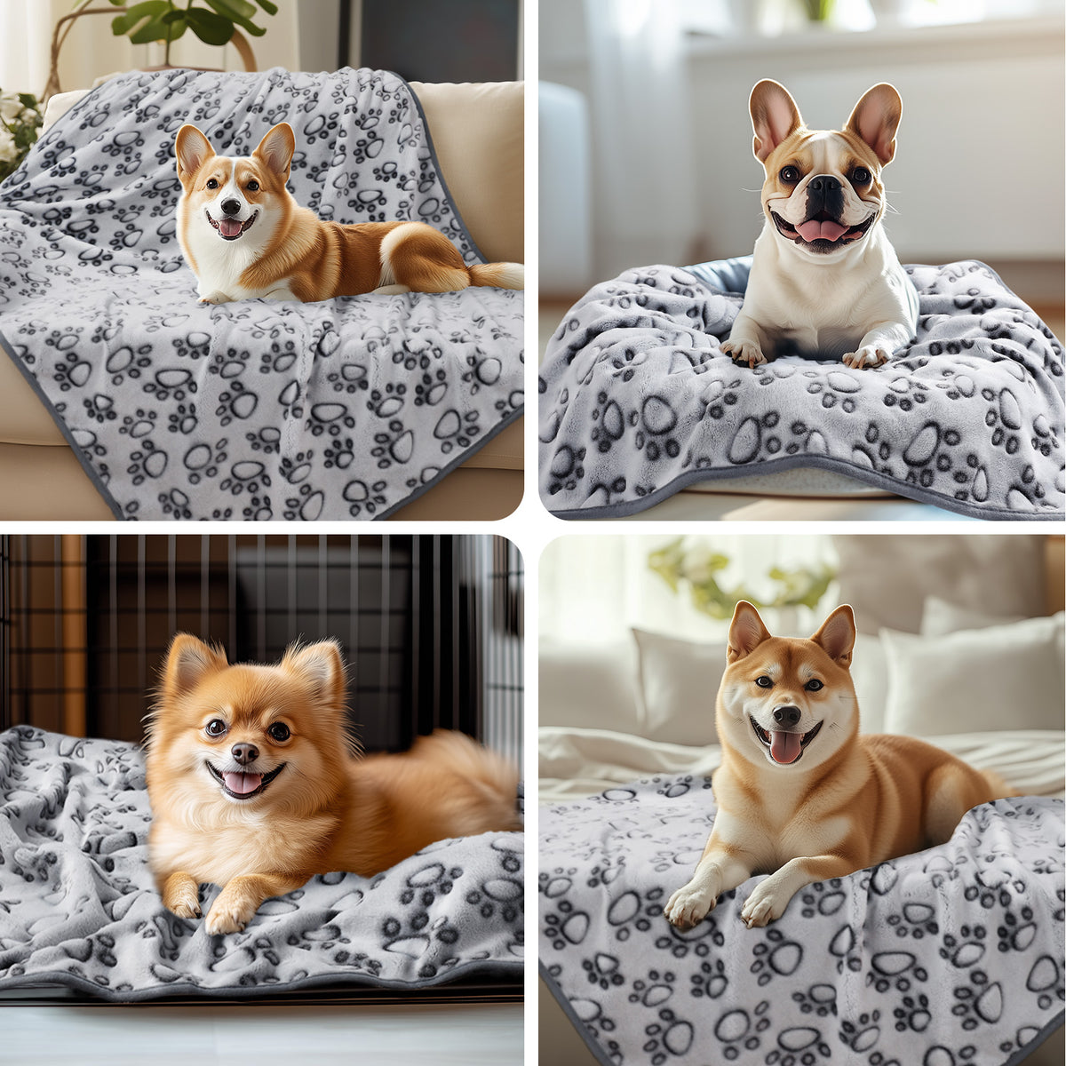 1-Pack Fleece Dog Blanket for Crate Paw Printed Grey