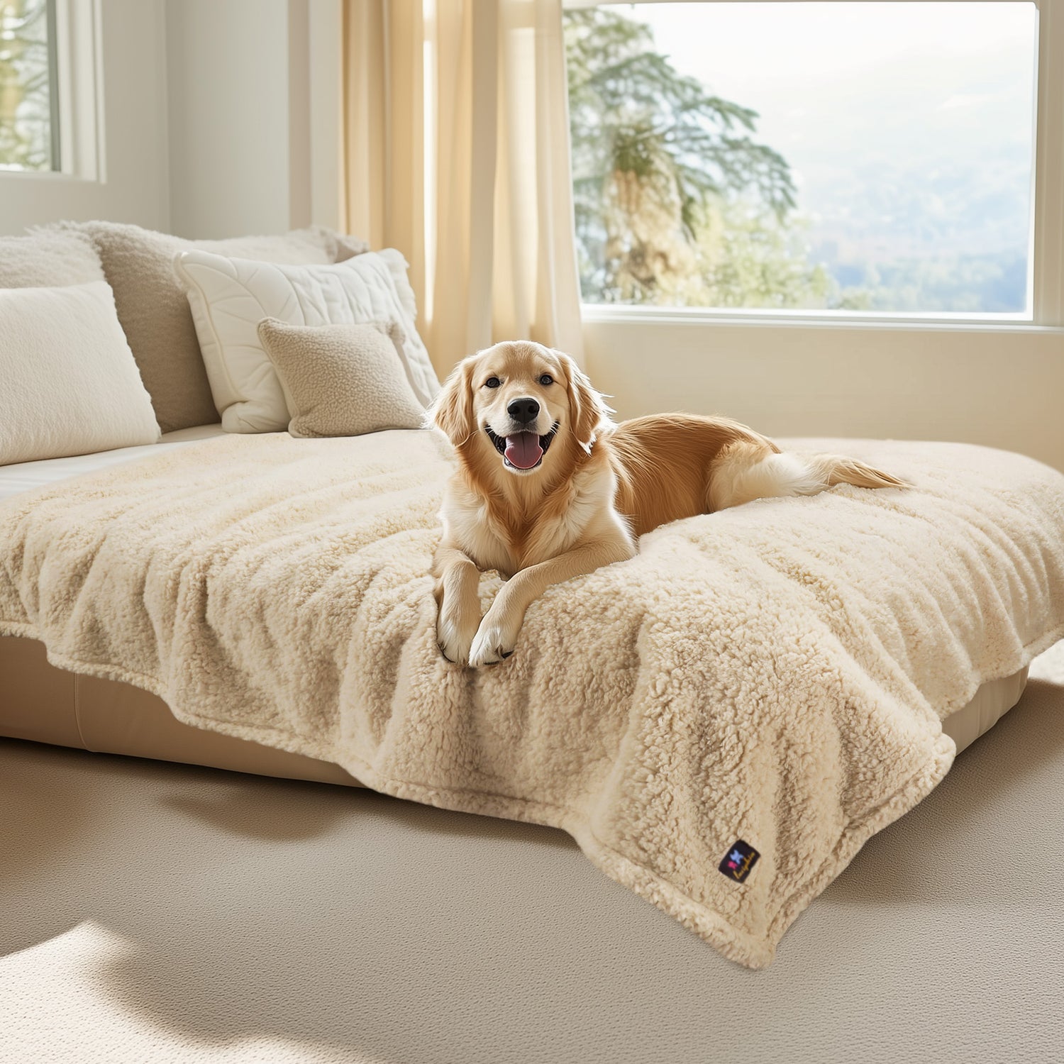 Waterproof Pet Blanket for Dog on Bed Beige