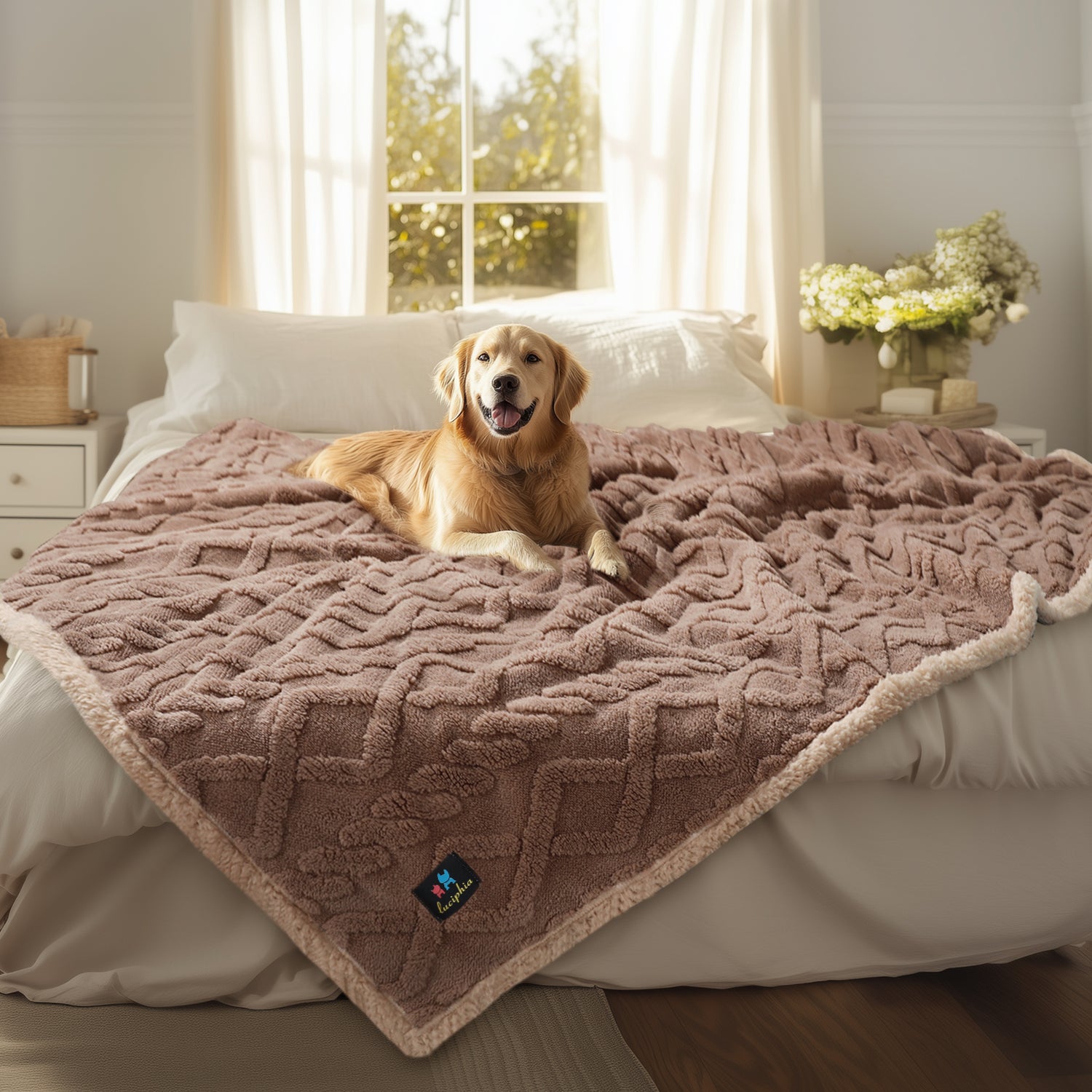 Reversible Sherpa Fleece Waterproof Pet Blanket Khaki