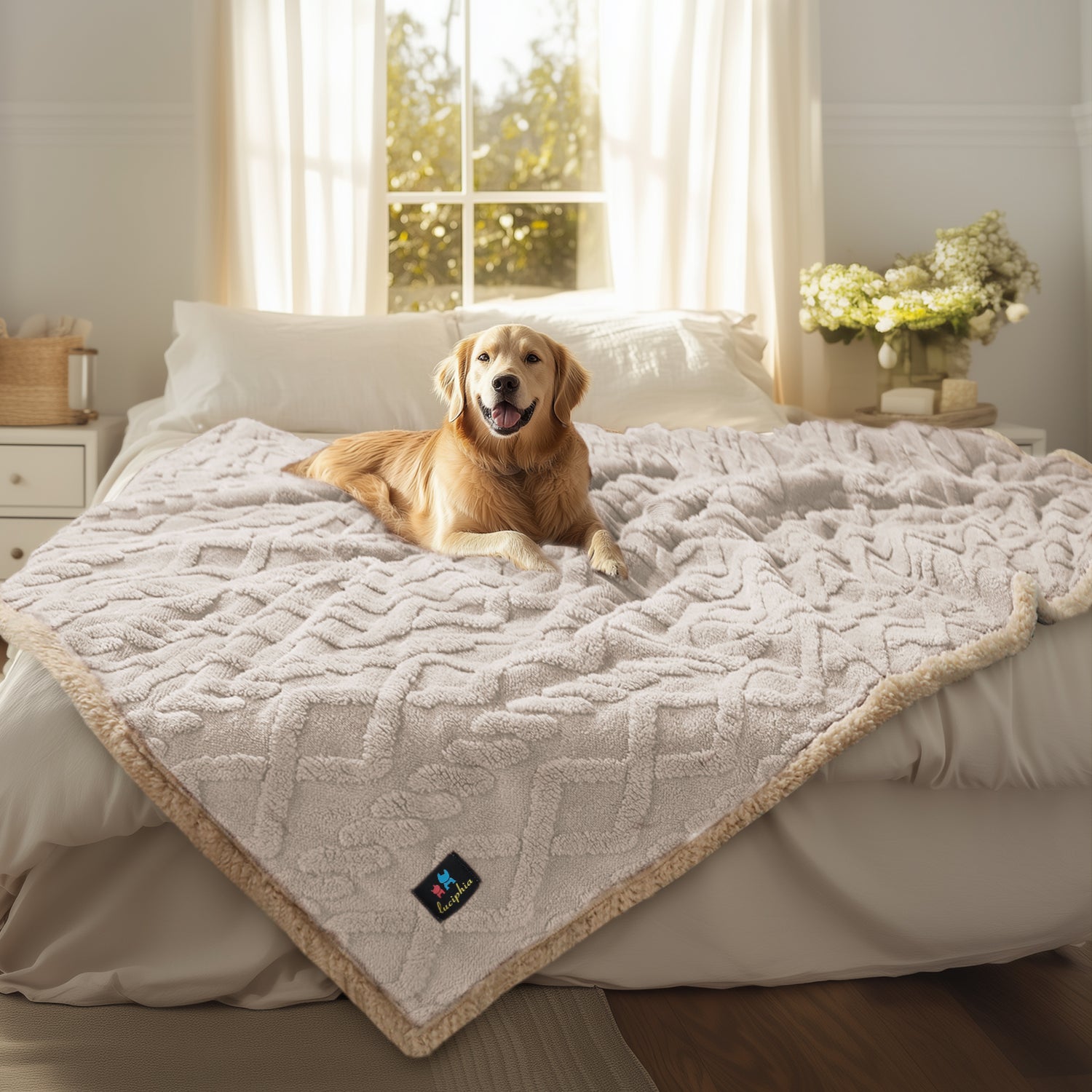 Reversible Sherpa Fleece Waterproof Pet Blanket Beige