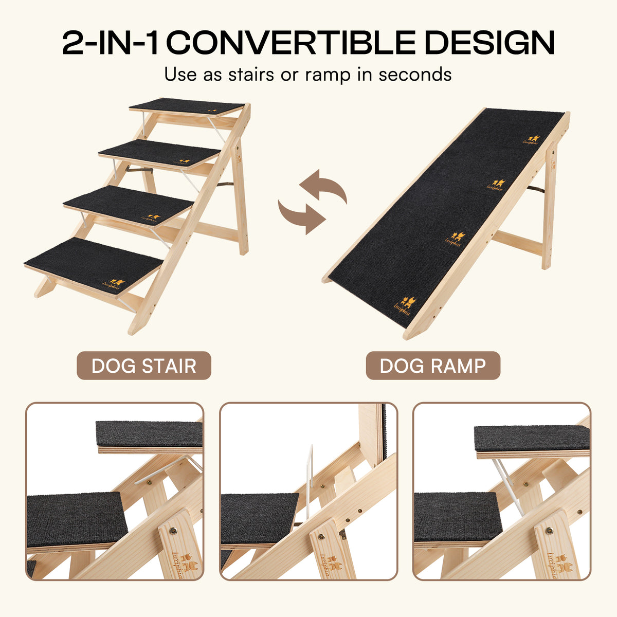 Foldable Anti-Slip 2-in-1 Wooden Dog Stairs
