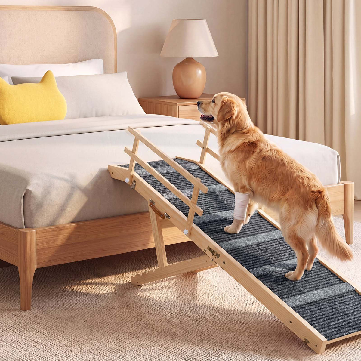 5-Level Height Adjustable Wooden Dog Ramp Stairs with Anti-Slip Mat & Safety Side Rails