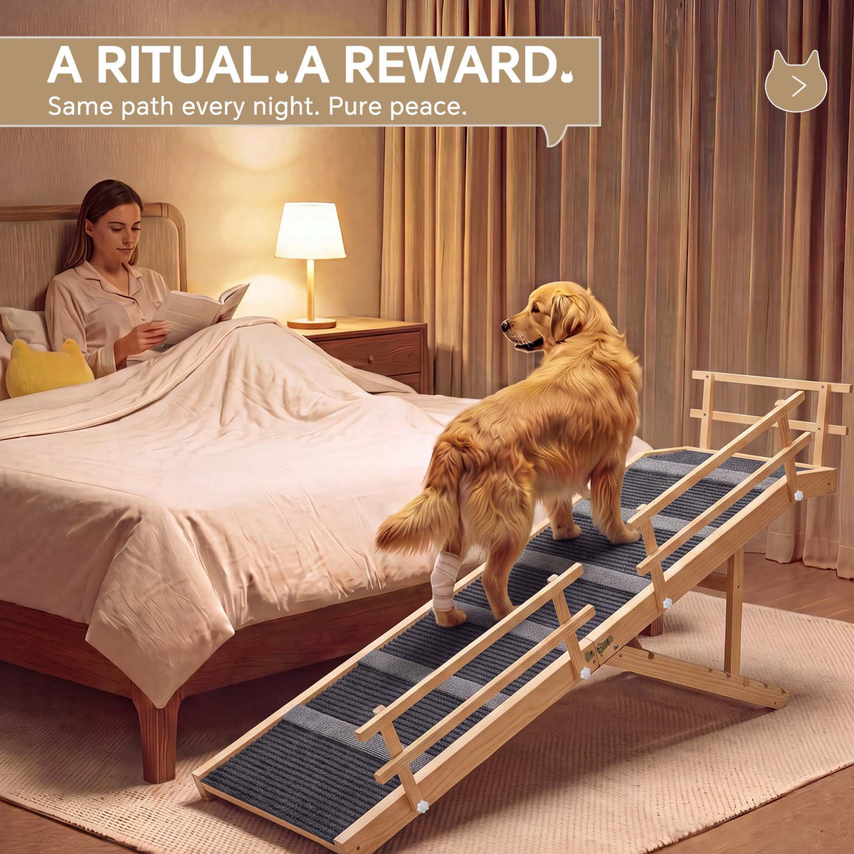 5-Level Height Adjustable Wooden Dog Ramp Stairs with Anti-Slip Mat & Safety Side Rails