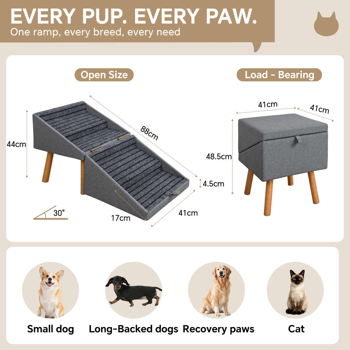 2-in-1 Wooden Pet Stairs & Ottoman with Solid Wood Frame and Tech Cloth Surface