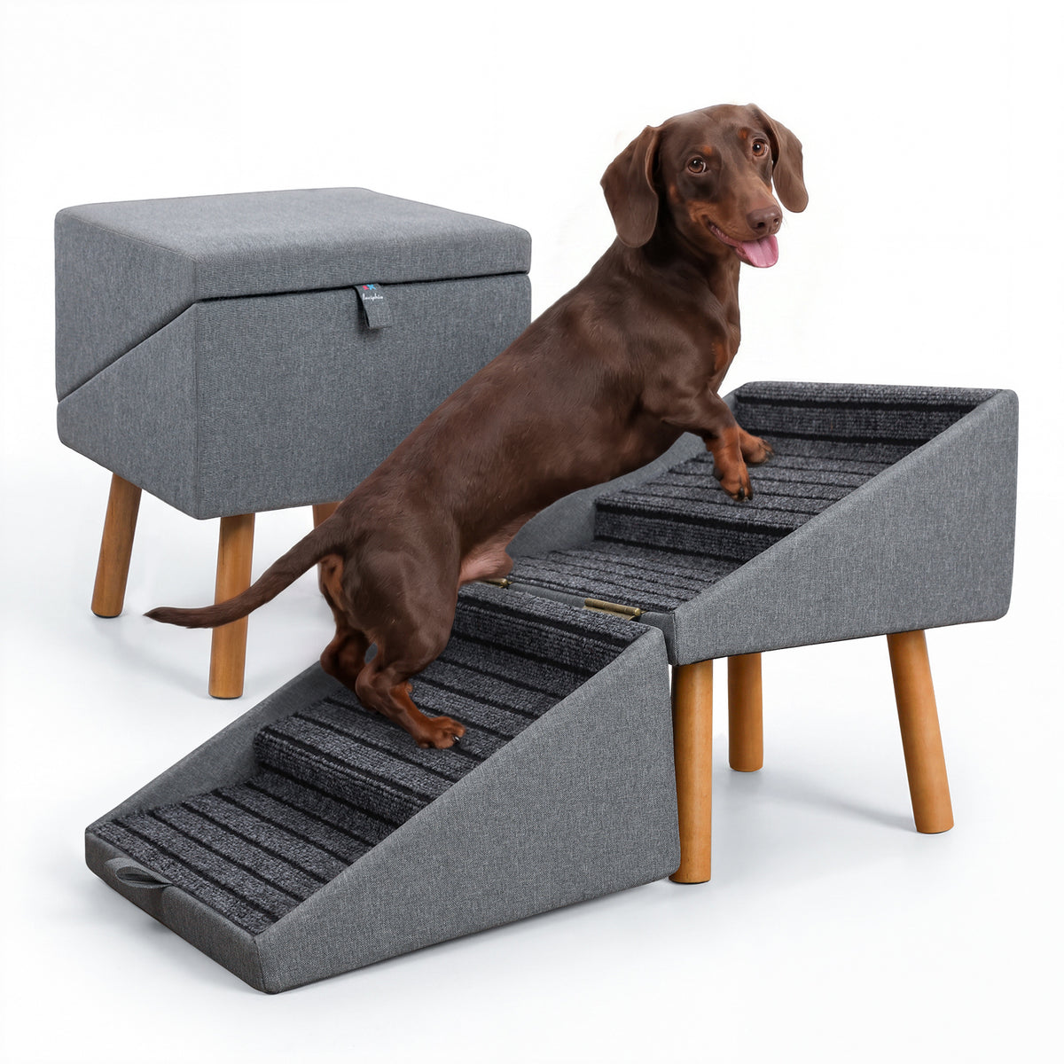2-in-1 Wooden Pet Stairs & Ottoman with Solid Wood Frame and Tech Cloth Surface