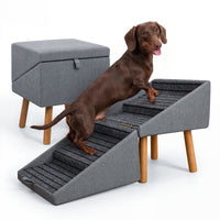 2-in-1 Wooden Pet Stairs & Ottoman with Solid Wood Frame and Tech Cloth Surface