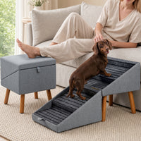 2-in-1 Wooden Pet Stairs & Ottoman with Solid Wood Frame and Tech Cloth Surface
