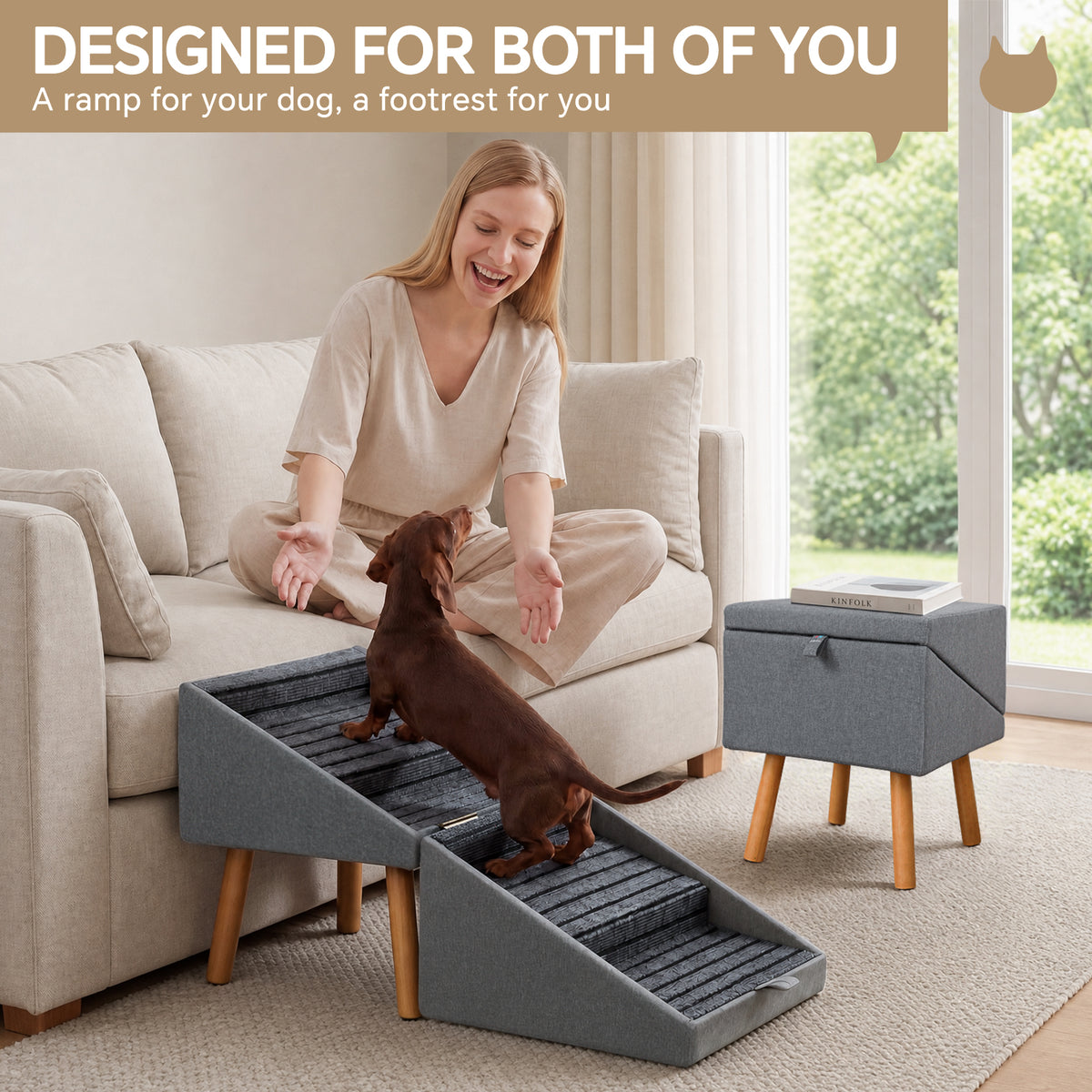 2-in-1 Wooden Pet Stairs & Ottoman with Solid Wood Frame and Tech Cloth Surface