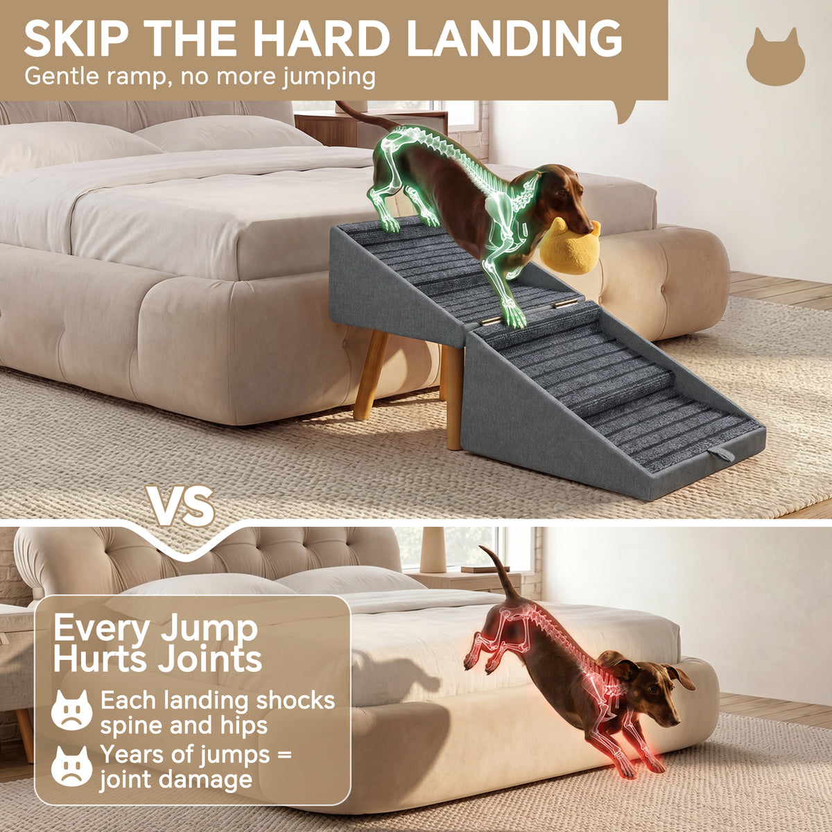 2-in-1 Wooden Pet Stairs & Ottoman with Solid Wood Frame and Tech Cloth Surface