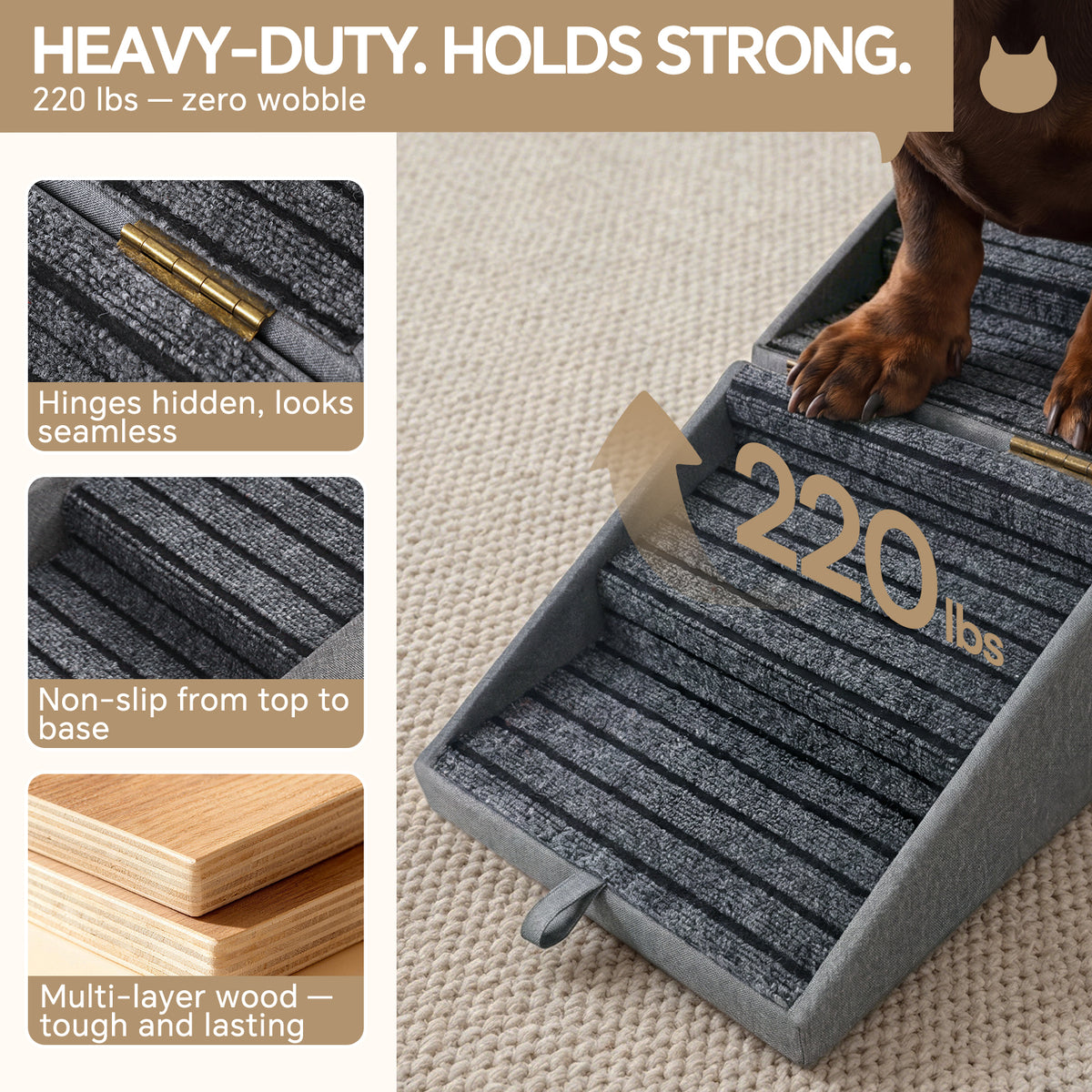 2-in-1 Wooden Pet Stairs & Ottoman with Solid Wood Frame and Tech Cloth Surface
