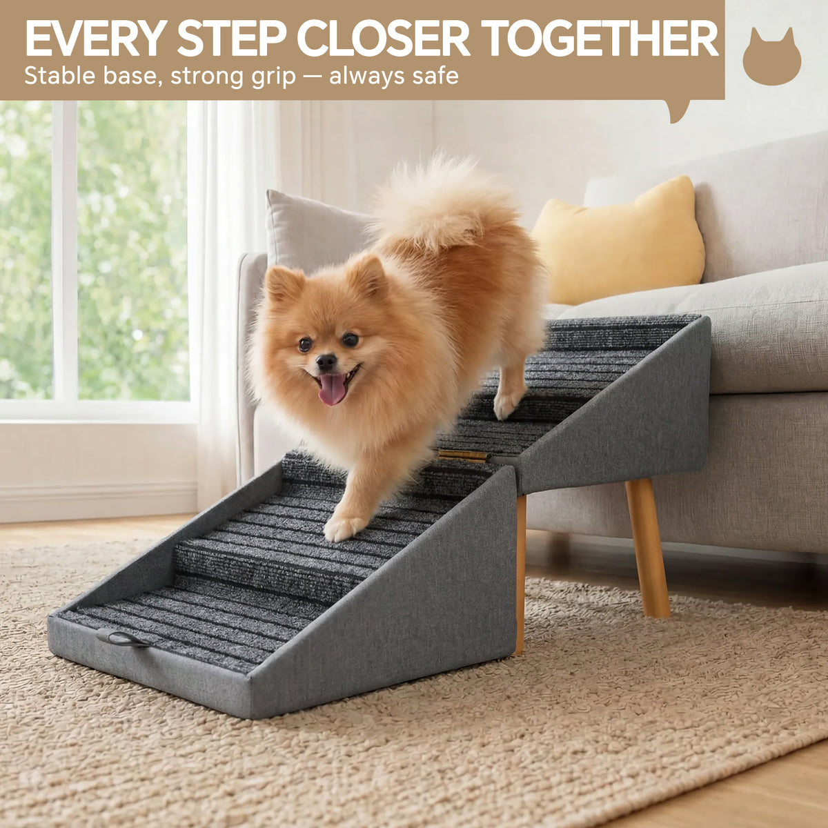 2-in-1 Wooden Pet Stairs & Ottoman with Solid Wood Frame and Tech Cloth Surface