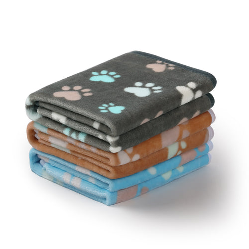 1 Pack 3 Pet Blanket Flannel Paw Printed Throw for Dog Cat Grey/Brown/Blue