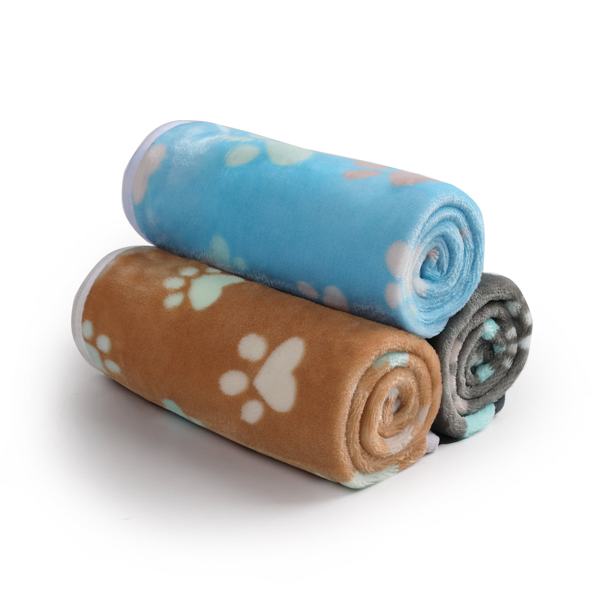 1 Pack 3 Small Pet Blanket Paw Printed Throw | Grey/Brown/Blue