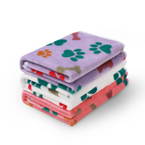 Flannel Paw Bone Printed Pet Blankets | 1 Pack 3 Blankets Purple/Pink/White